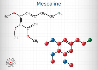 Canvas Print - Mescaline molecule. It is hallucinogenic, psychedelic,  phenethylamine alkaloid. Structural chemical formula and molecule model. Sheet of paper in a cage