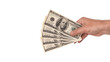 © piotrszczepanek - Banknoty dolarowe w meskiej dłoni na jednolitym tle