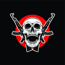 Skull With Crossed Machine Guns, Design Element For Logo, Poster, Card, Banner, Emblem, T Shirt. Vector Illustration