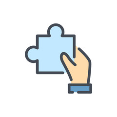 Poster - Solution color line icon. Hand with puzzle vector outline colorful sign.