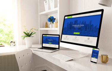 home office setup with responsive design on screen