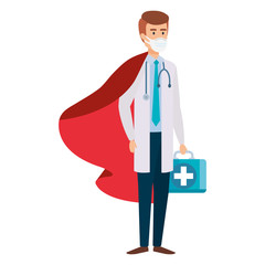 Sticker - super doctor male with hero cloak and first aid kit vector illustration design