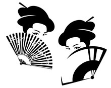 Beautiful Japanese Geisha Hiding Face Behind Fan  - Black And White Vector Portrait Of Asian Beauty