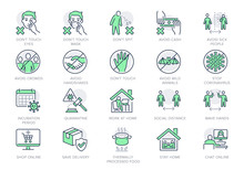 Coronavirus Prevention Line Icons. Vector Illustration Include Icon - Social Distance, Quarantine Violation, Incubation Period, Avoid Handshakes, Stay Home Pictogram For Infographic, Green Color