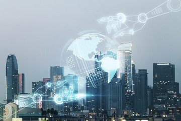 Aufkleber - Abstract virtual robotics technology sketch with globe on Los Angeles office buildings background, future technology and AI concept. Double exposure