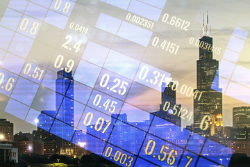Poster - Multi exposure of abstract statistics data hologram interface on Chicago office buildings background, computing and analytics concept