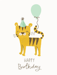 Wall Mural - Birthday tiger with a party hat and a balloon. Cute cartoon tiger vector illustration for jungle party, birthday cards, invitations, nursery poster, art print and baby clothing.