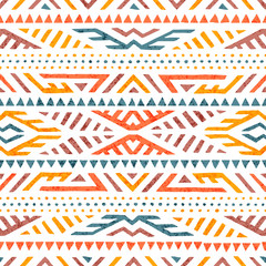 Wall Mural - Cute summer tribal pattern. Colorful print in boho style. Ethnic and tribal motifs. Hand-drawn geometric ornament on a white background. Grunge texture. Vector illustration.