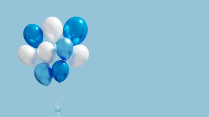 Wall Mural - Isolated Blue and white glossy balloons with clear cyan background. Realistic flying balloons 3D render and composition lighting.