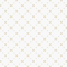 Golden Minimal Floral Geometric Seamless Pattern. Simple Vector White And Gold Abstract Background With Small Flowers, Tiny Crosses, Grid, Lattice. Subtle Minimalist Repeatable Texture. Luxury Design