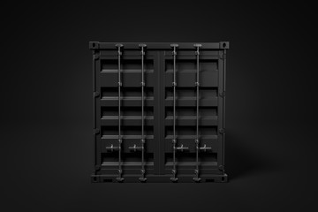 Poster - 3d front rendering of one closed black cargo container standing on dimly lit black background.