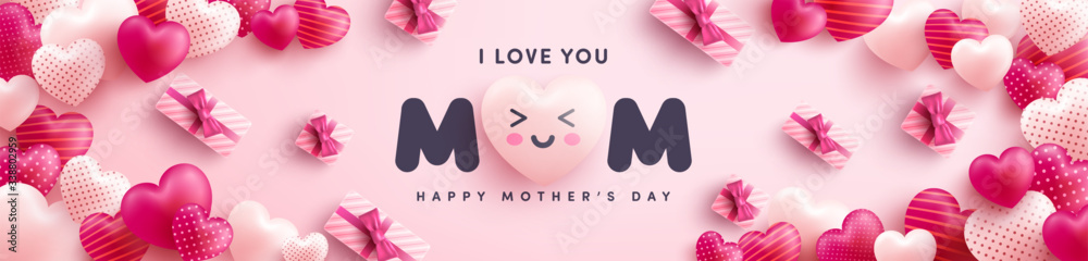 Mother's Day Poster or banner with many sweet hearts and on red background.Promotion and shopping template or background for Love and Mother's day concept.Vector illustration eps 10 - obrazy, fototapety, plakaty 