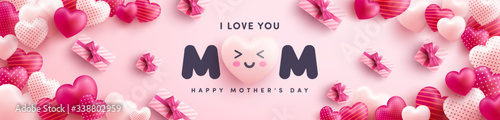 Photographie Mother's Day Poster or banner with many sweet hearts and on red background