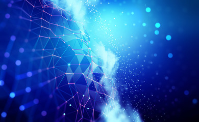Poster - Big data and cybersecurity 3D illustration. Neural network and cloud technologies. Global database and artificial intelligence. Bright, colorful background with bokeh effect