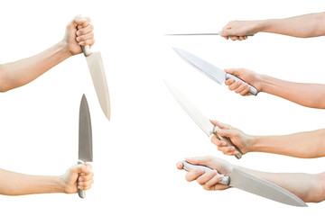 Collection of hand holding stainless knife isolated on white background with clipping path.