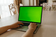 © Roman - Asian girl using laptop with green screen.