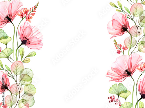 Watercolor floral background with borders on the sides. Transparent poppies a...