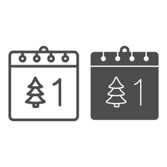 Poster - Calendar with tree line and solid icon. Date page with firtree and 1st of January day outline style pictogram on white background. New Year Calendar for mobile concept and web design. Vector graphics.