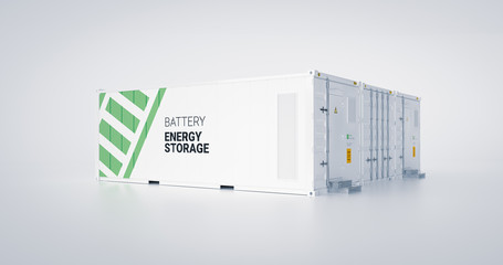 Wall Mural - Concept of energy storage unit - multiple conected containers with batteries. 3d rendnering.