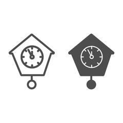 Poster - Retro wall clock line and solid icon. Cuckoo watch outline style pictogram on white background. Antique pendulum clock for mobile concept and web design. Vector graphics.