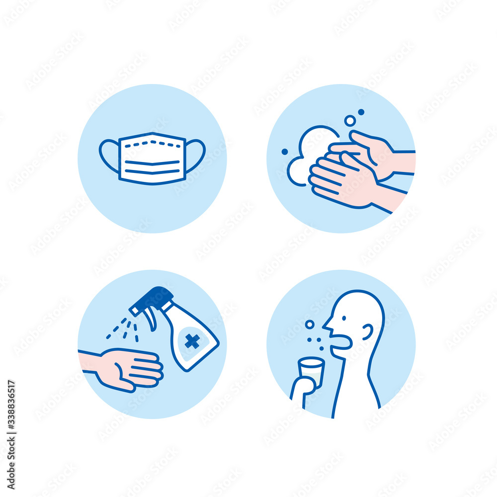 感染予防 アイコンイラスト - 医療用マスク 手洗い アルコール消毒 うがい 스톡 벡터 | Adobe Stock