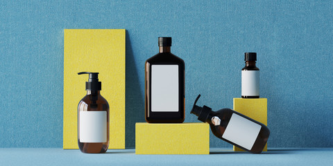 Poster - minimal background for branding and product presentation. cosmetic bottle on yellow fabric podium on