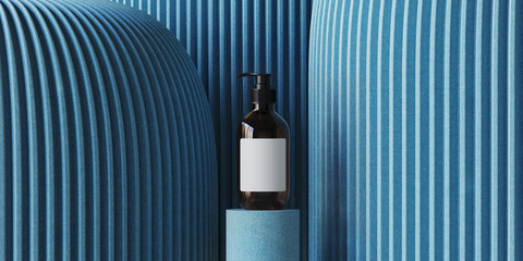 Poster - minimal background for branding and product presentation. cosmetic bottle on blue fabric podium and 