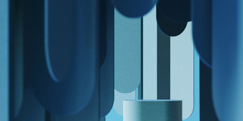 Poster - minimal background for branding and product presentation. blue fabric podium and blue strip backgrou