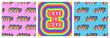 Set of LGBT pride month poster and 2 seamless patterns with rainbow-colored patches “Love“ and 