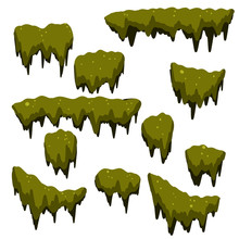 Set Of Swamp Moss Of Different Shapes. Marsh Element. Bog Mud And Mold. Rotten Tree. Cartoon Flat Illustration. Green Plant In The Forest And Nature