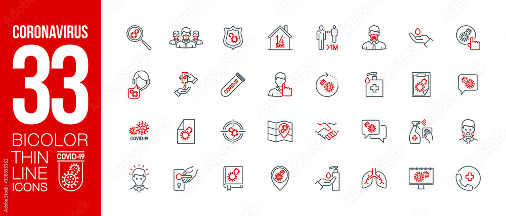 Prevention and symptoms Coronavirus Covid 19 line icons set isolated on white. Perfect outline health medicine symbols pandemic banner. Quality design elements virus treatment with editable Stroke - obrazy, fototapety, plakaty 