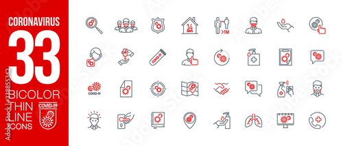 Fotografía Prevention and symptoms Coronavirus Covid 19 line icons set isolated on white