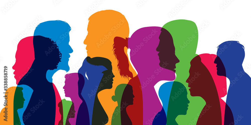 Concept d’une population cosmopolite avec différentes silhouettes de têtes d’hommes et de femmes en couleurs et vues de profil. - obrazy, fototapety, plakaty 