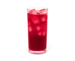 Red roselle juice with ice cubes in glass isolated on white 