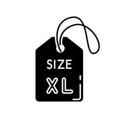 Wall Mural - Extra large size label black glyph icon. Clothing dimensions parameters silhouette symbol on white space. Descriptive apparel tag with XL letters for plus size people. Vector isolated illustration