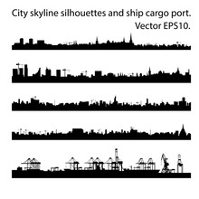 Set of city skyline silhouettes in a flat style for the footer or parallax effect. Modern cityscape and cargo port with cranes. Vector EPS10.