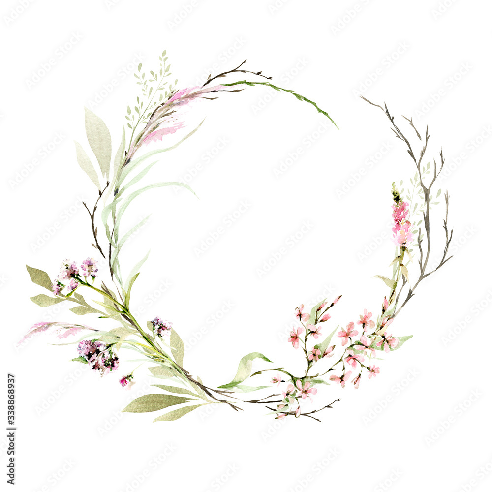 Hand drawing watercolor spring wreath of wild flowers, branches and ...
