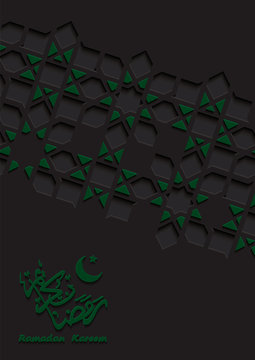 Arabic calligraphy and arabesque design greeting card for Ramadan Kareem,Islamic ornamental detail of mosaic isolated on a dark background