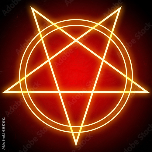 Cuadros en Lienzo Glowing bright pentagram star and double circles shining red on dark background
