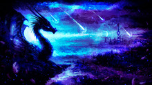 The Majestic Silhouette Of A Dragon Lying Peacefully On The Mountain, Against The Backdrop Of A Stargazing Sky And A City On A Hill. 2d Illustration.