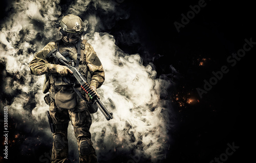 Fototapety wojskowe  amerykanski-zolnierz-wychodzi-z-dymu-na-polu-bitwy-pojecie-wojskowych-operacji-specjalnych-gry-komputerowe