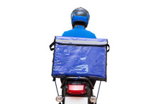 Delivery Man Wearing Blue Uniform Riding Motorcycle And Delivery Box. Motorbike Delivering Food Or Parcel Express Service Isolated On White Background