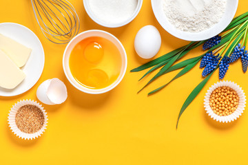 Ingredients for pastry and blue spring flowers on a orange background, top view, copy space. Flour, eggs, sugar and butter in white bowls. Cooking and baking concept, flat lay.