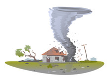 Tornado With Spiral Twists Destroy One Small House And Tree, The Power Of Nature Concept Isolated Illustration, Big Dangerous Tornado Destroys Building In Residential Neighborhood