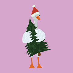 Sticker - Cartoon Color Goose with Holiday Accessory. Vector