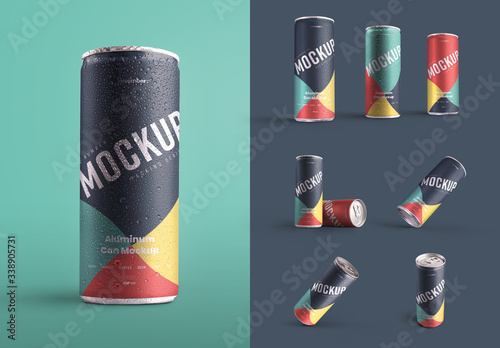 Download 6 Aluminum Cans With Water Drops Mockup Stock Template Adobe Stock
