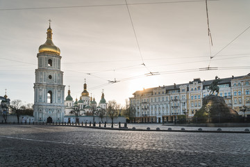 Cityscape view of empty Sofyivska Square with Saint Sophia Cathedral and Bohdan Kmelnitsky monument in the center of Kyiv, Ukraine.