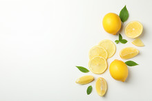 Fresh Lemons On White Background, Top View. Ripe Fruit