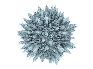 Three dimensional render of skyscrapers engulfing small planet