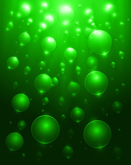 Wall Mural - Green sea landscape underwater space, realistic vector, abstract underwater background with sunlight and air bubbles in water.